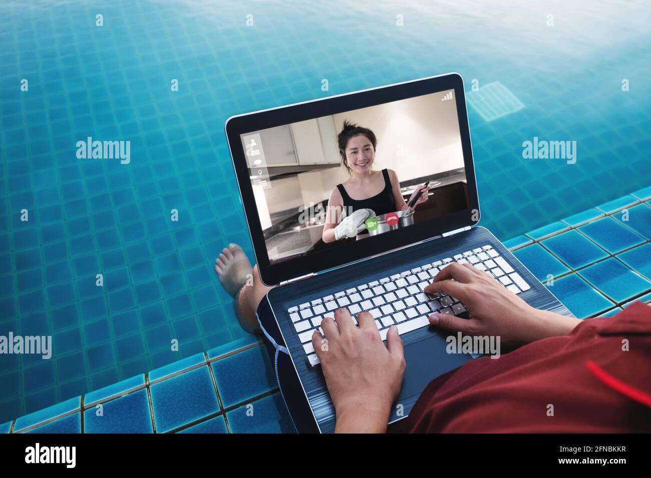 Video calls, E-learning, and online contents. a man using digital tablet for online chatting, and watching online cooking content Stock Photo