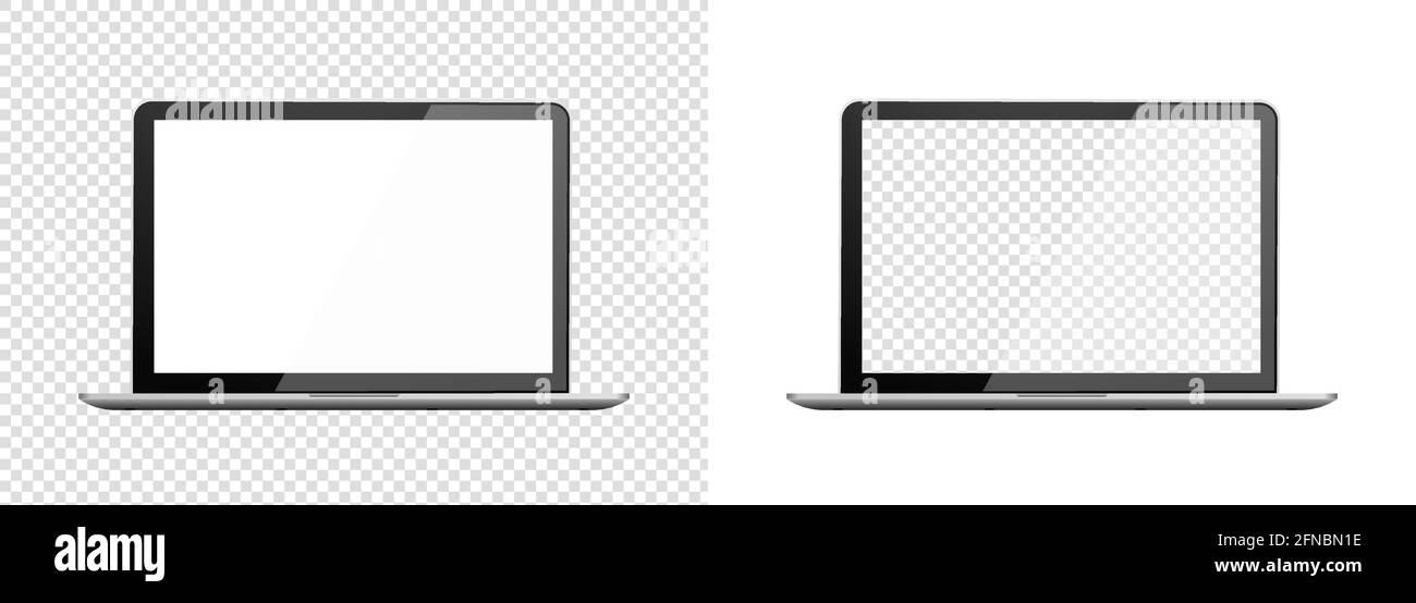 Open laptop mock up. Personal computer mockup front view. Portable gadget with blank screen silver color Stock Vector