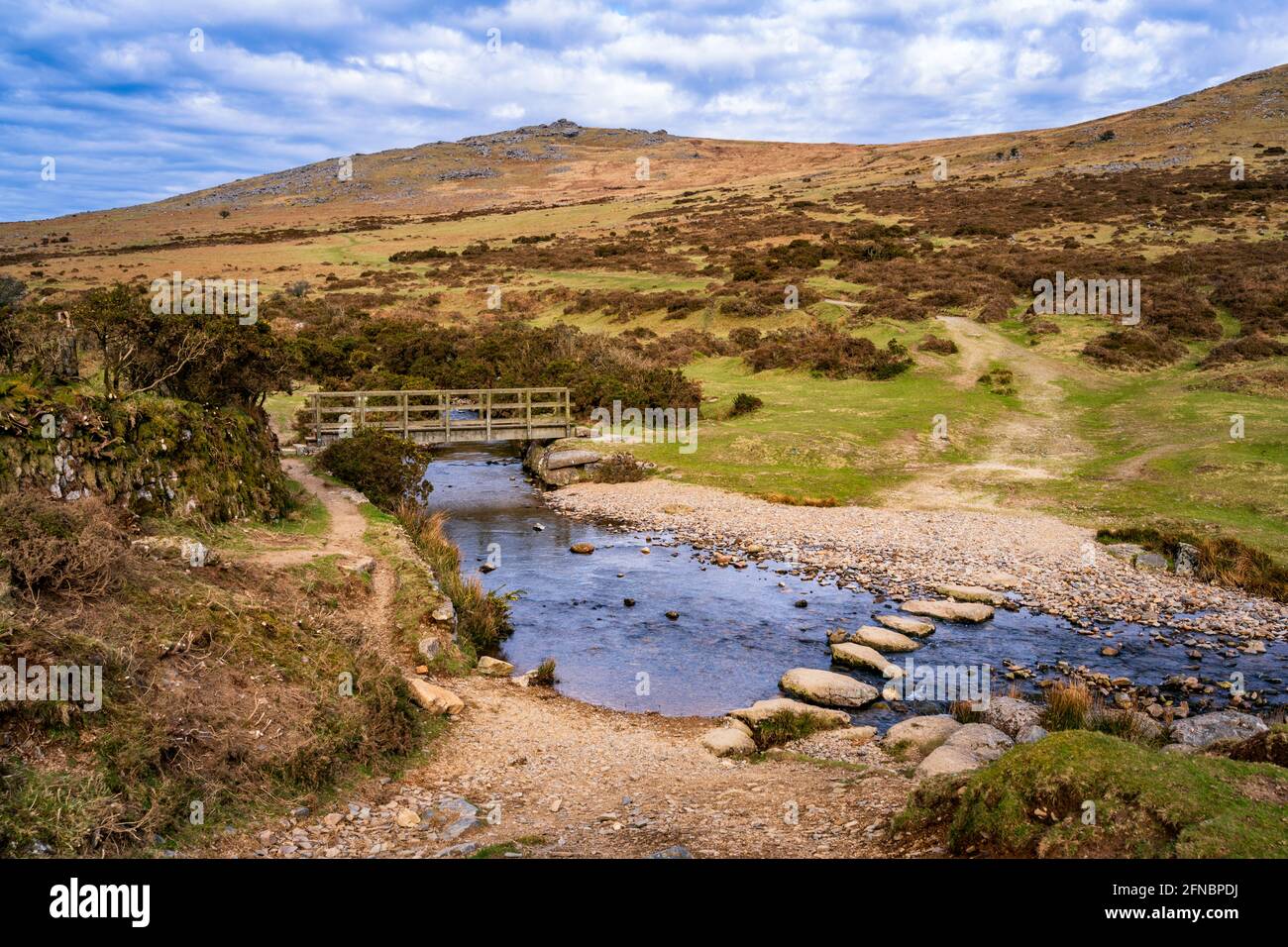 Choice of bridge or stepping stones to cross the River Lyd at High Down, near Lydford, Dartmoor National Park, Devon, England, UK Stock Photo