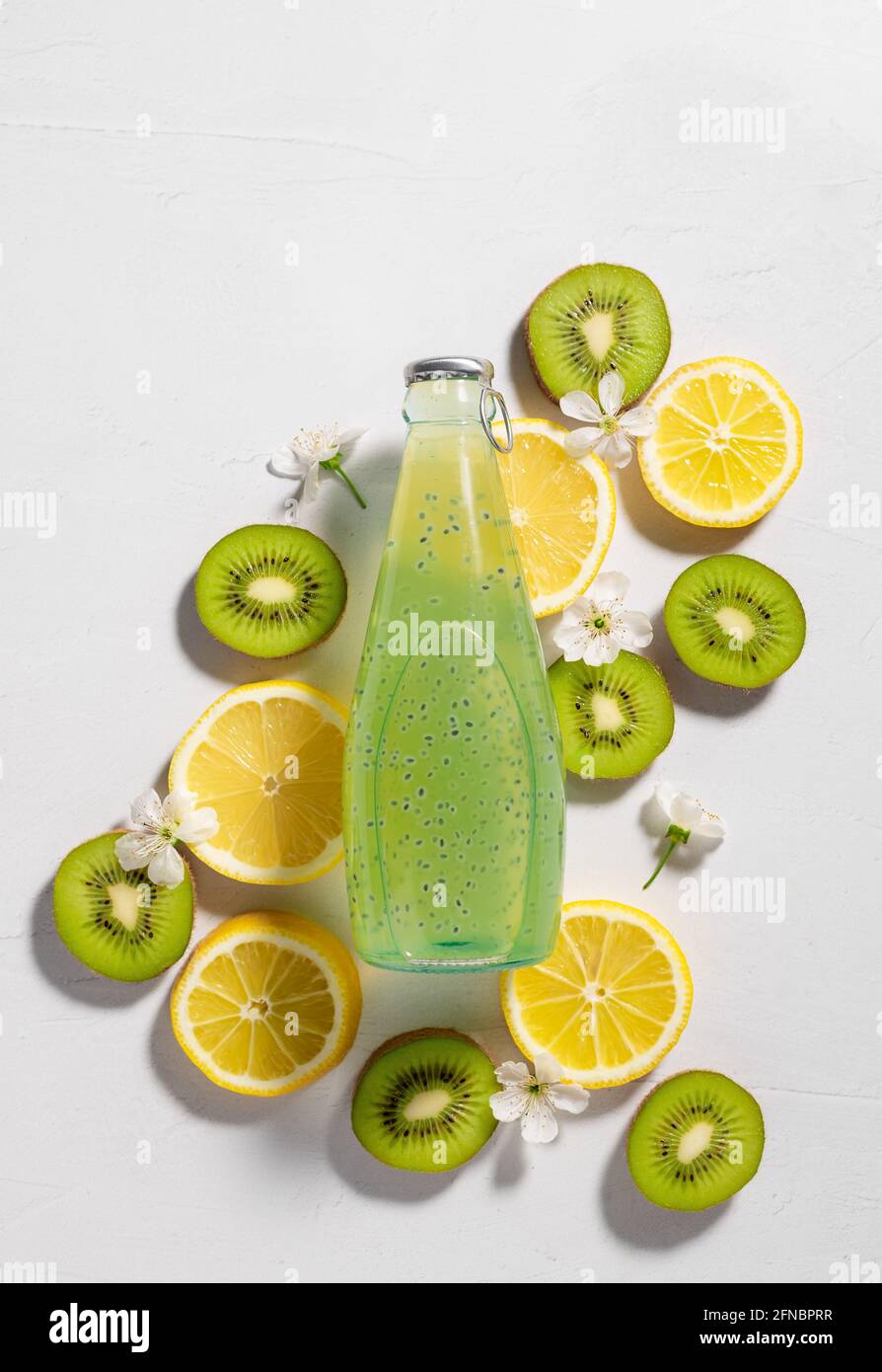 flat lay composition with kiwi lemon mint drink Stock Photo
