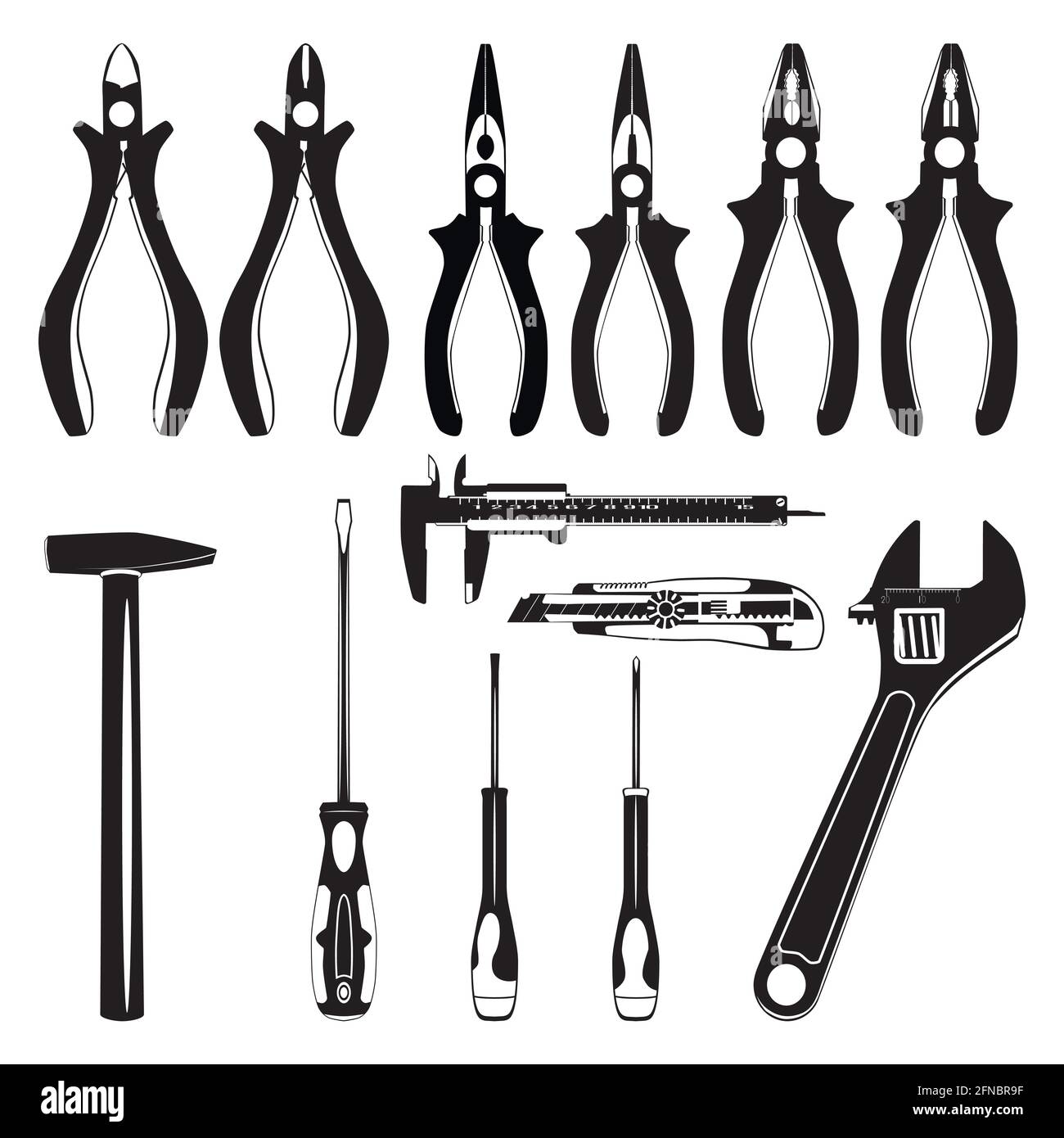Work tool silhouettes. Wire cutters, combination pliers, wrench screwdriver cutter knife vernier caliper hammer, vector Stock Vector