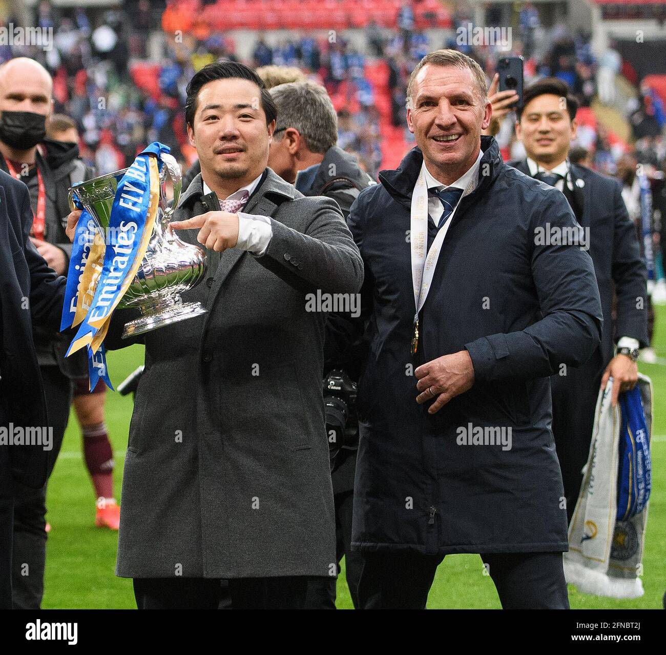 London, UK. 15th May, 2021. Leicester City Chairman Aiyawatt Srivaddhanaprabha and Brendan Rodgers parade the FA Cup Final to the Leicester fans. Picture Credit : Credit: Mark Pain/Alamy Live News Stock Photo