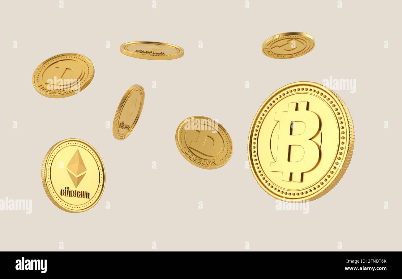 Bitcoin, Dogecoin and Ethereum coin flying on clear background. Coins  cryptocurrency. blockchain, digital money exchange. Different positions and  rota Stock Photo - Alamy