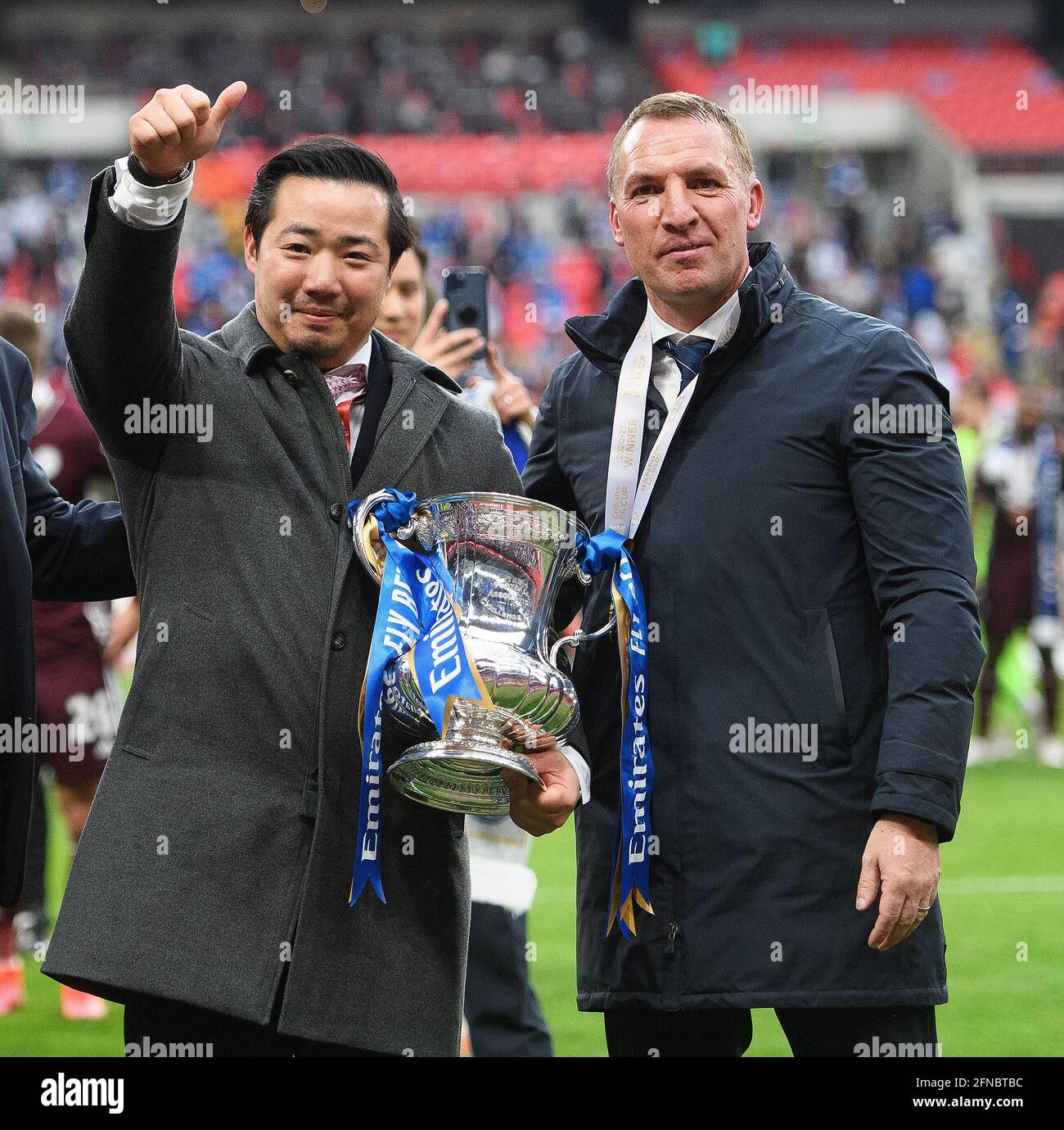 London, UK. 15th May, 2021. Leicester City Chairman Aiyawatt Srivaddhanaprabha and Brendan Rodgers parade the FA Cup to the Leicester fans. Picture Credit : Credit: Mark Pain/Alamy Live News Stock Photo