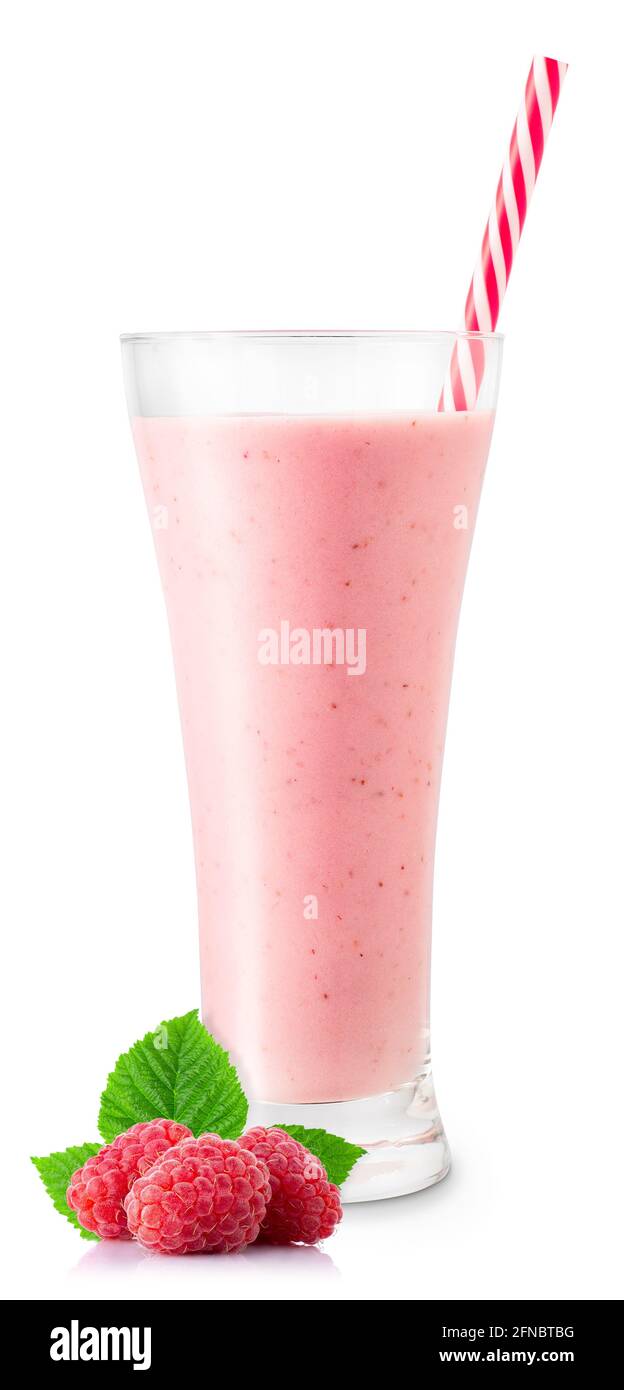 raspberry smoothie with straw in glass isolated on white Stock Photo