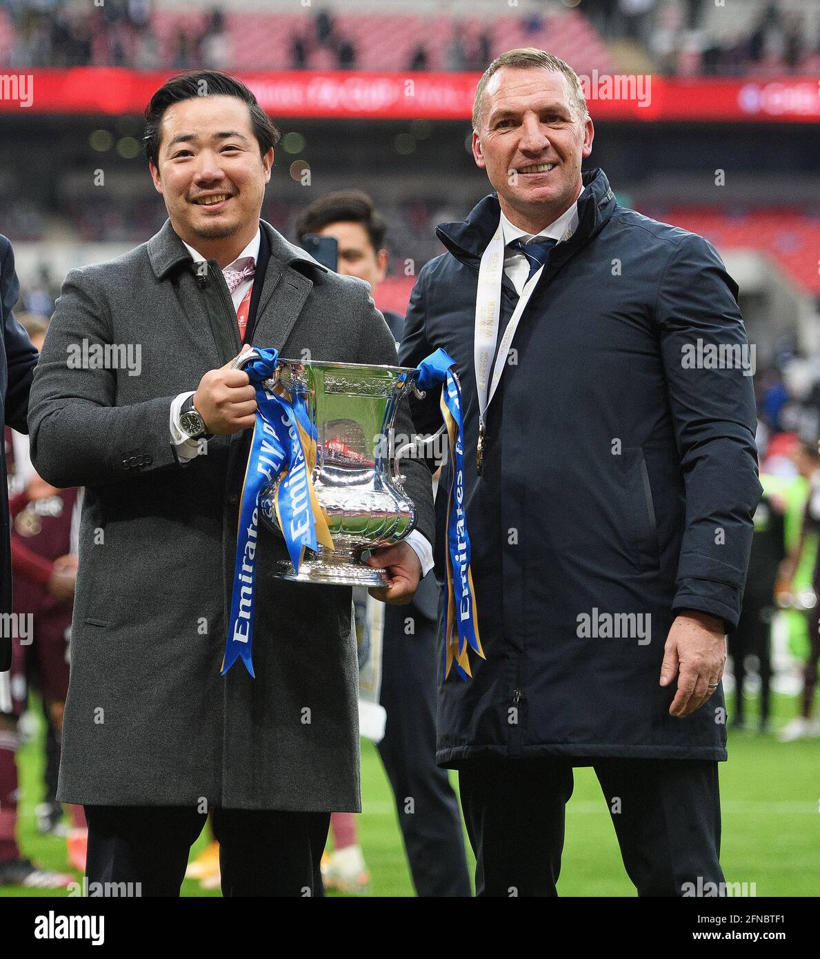 London, UK. 15th May, 2021. Leicester City Chairman Aiyawatt Srivaddhanaprabha and Brendan Rodgers parade the FA Cup to the Leicester fans. Credit: Mark Pain/Alamy Live News Stock Photo