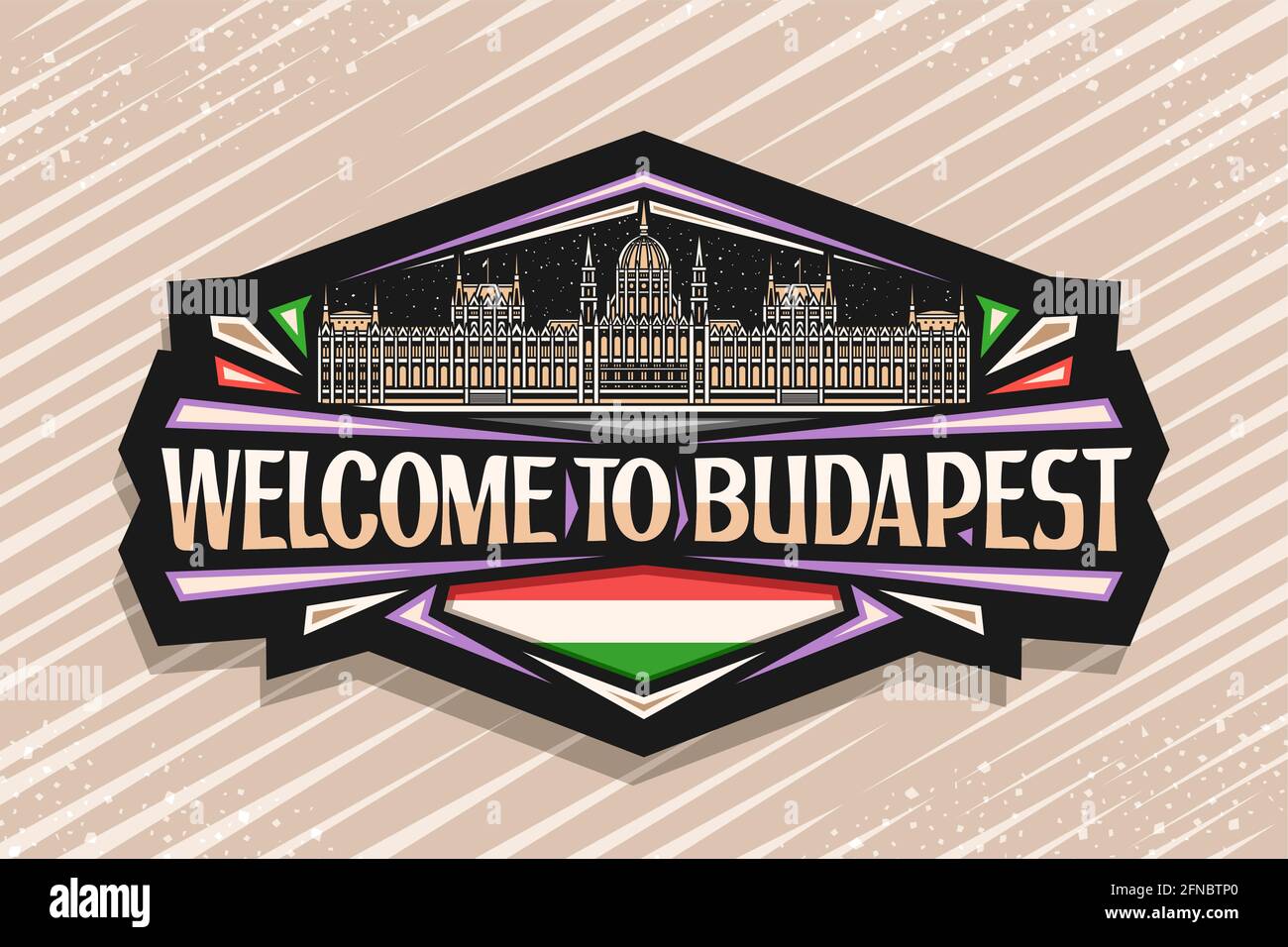 Vector logo for Budapest, dark decorative label with illustration of