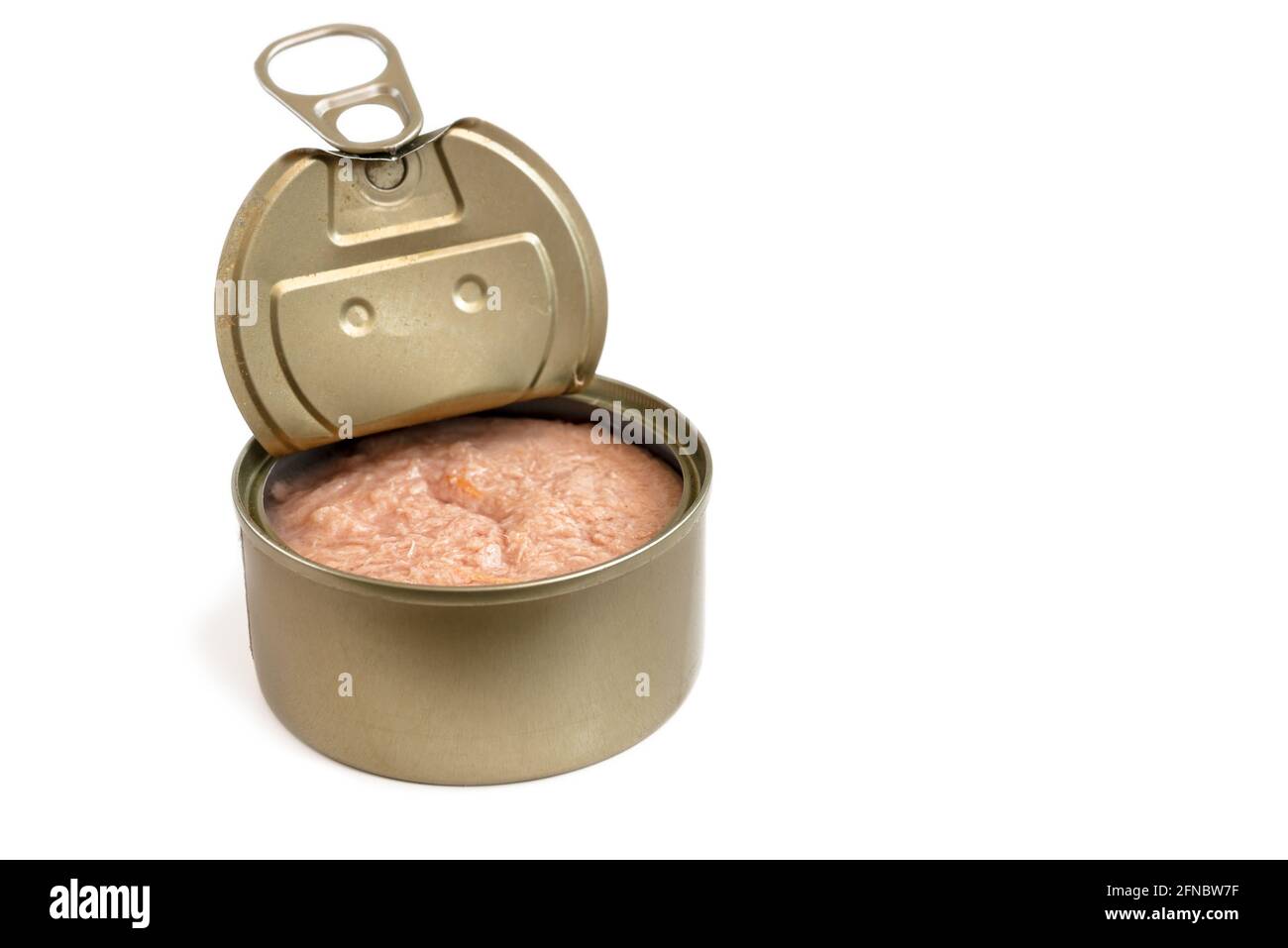 Wet pet food. Cat canned fish in an aluminum can on a white background