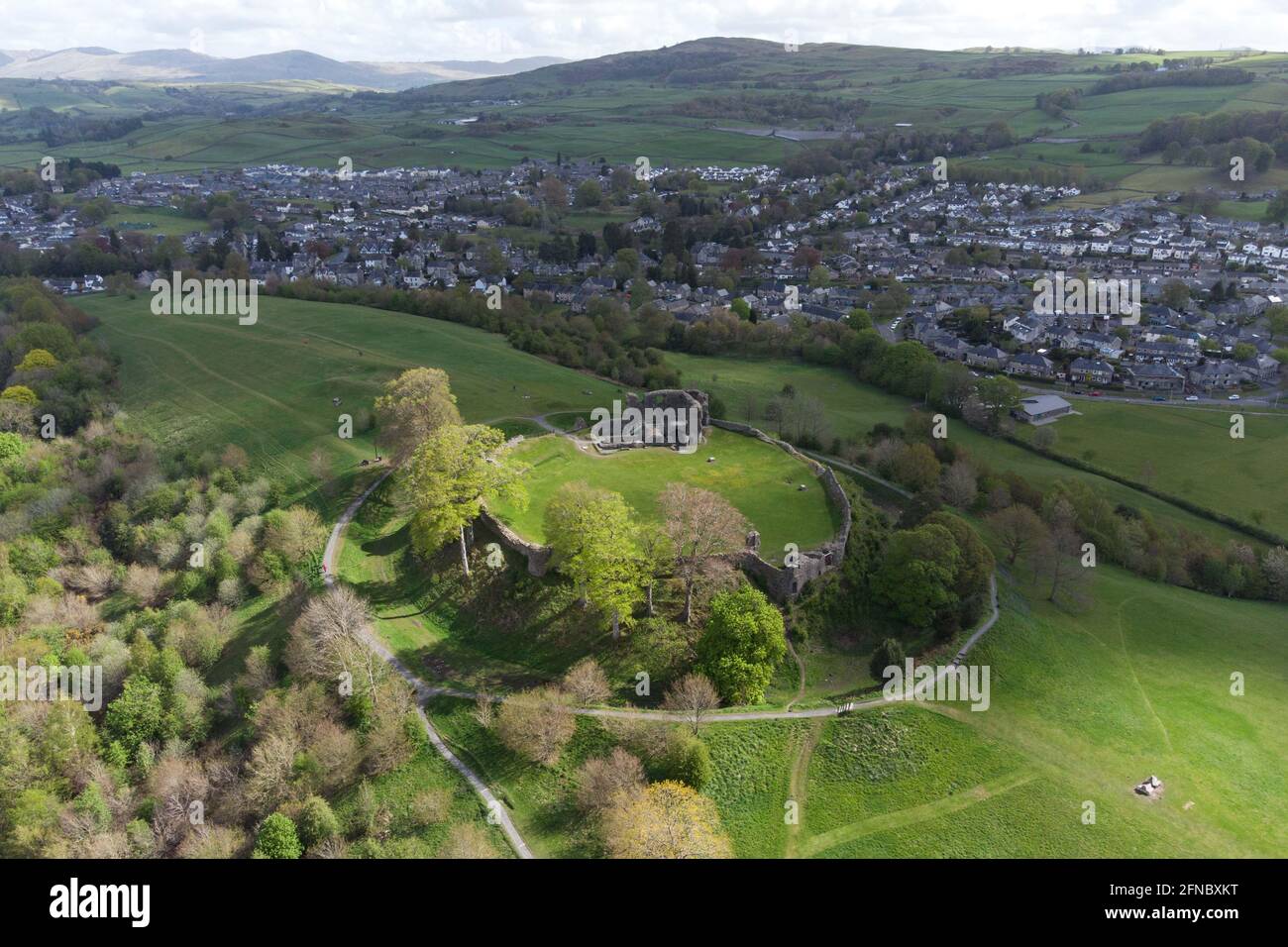 Kendal Castle, Kendal Cumbria, England. 11th May 2021. Aerial views of Kendal Castle. The castle was built in the early 1200’s as the home of the baro Stock Photo