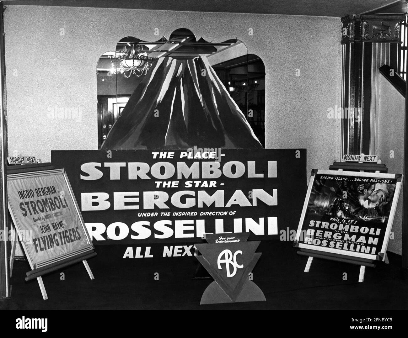 Lobby Display in the Ritz - ABC Cinema in Cleethorpes Lincolnshire England in 1950 for INGRID BERGMAN in STROMBOLI 1950 director and story ROBERTO ROSSELLINI Italy - USA Co-Production Berit Films / RKO Radio Pictures Stock Photo