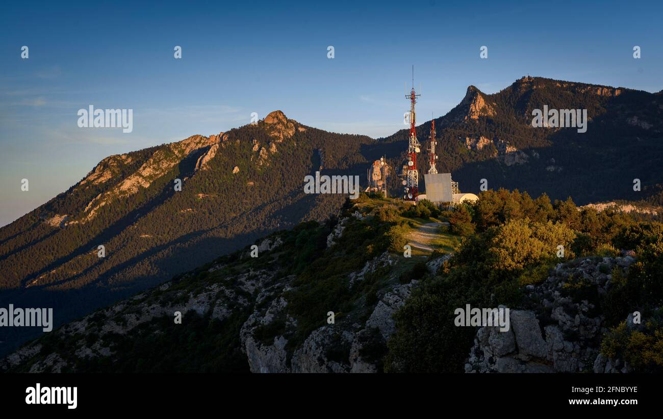 Sunrise and moonset from the Figuerassa viewpoint, in a summer morning (Barcelona province, Catalonia, Spain, Pyrenees) Stock Photo
