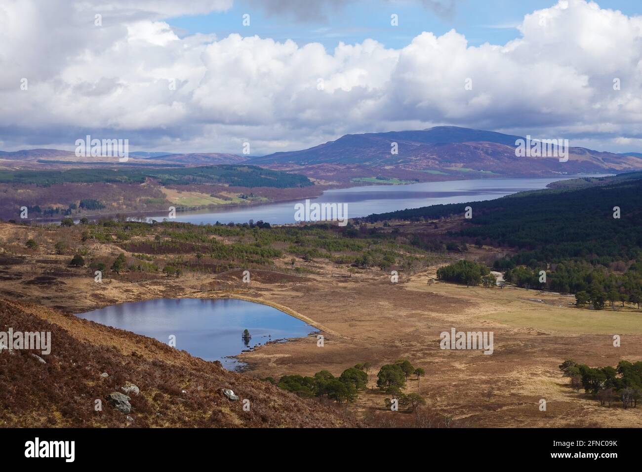 View across Rannoch Moor from Leagag with Loch Monaghan in foreground and Loch Rannoch in the distance, Scotland, United Kingdom Stock Photo