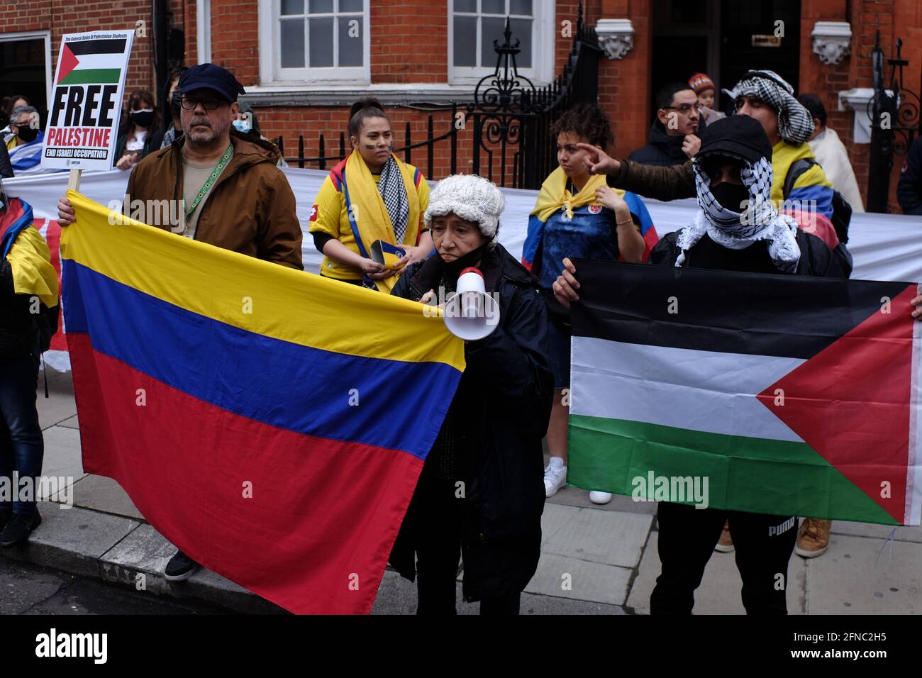 london hans crescent  , Colombian embassy , rally for the people of Colombia as the increase in taxes has increased . Stock Photo