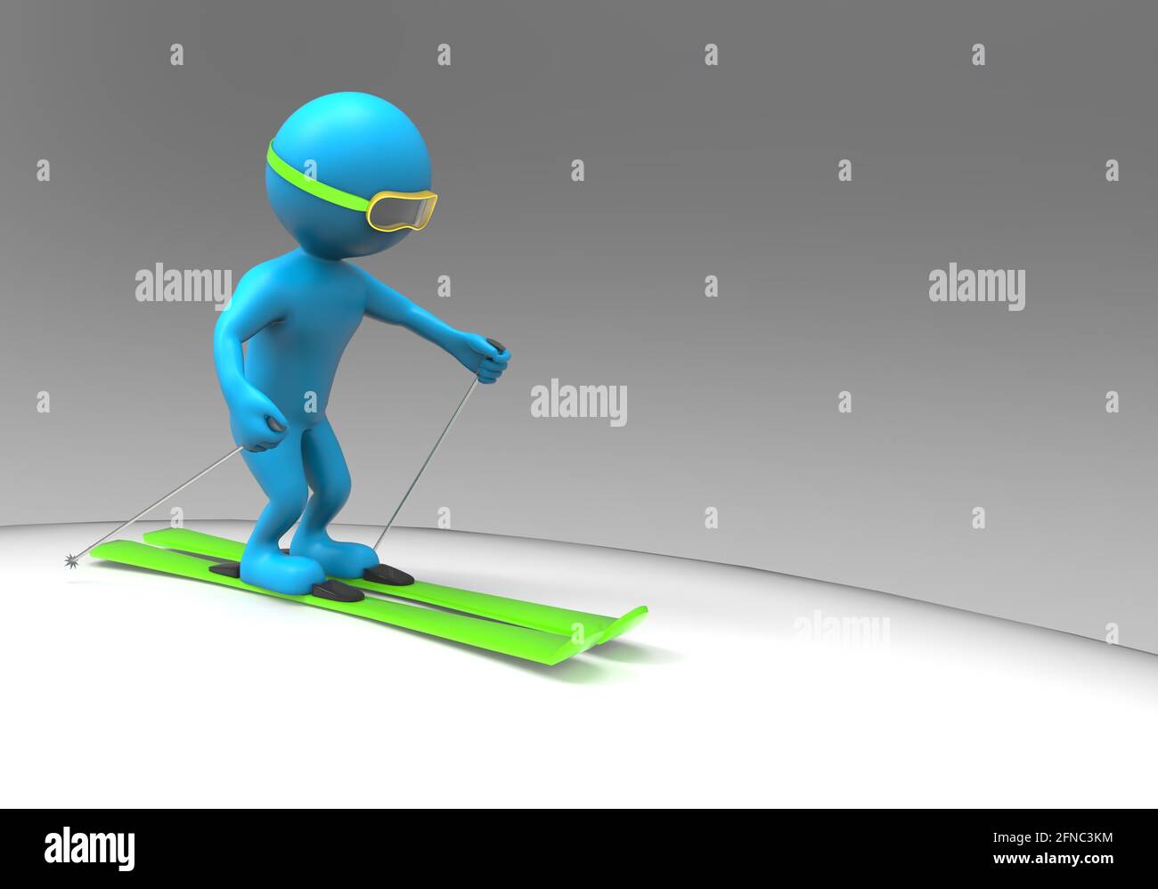 3d rendering of balloonhead cutie standing on skis for the first time Stock Photo