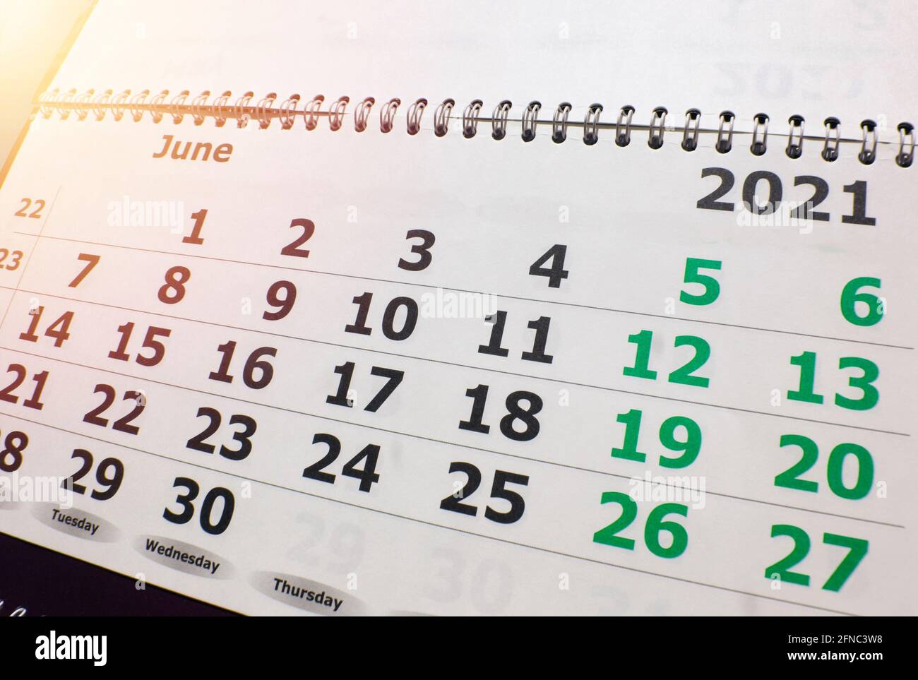 Calendar For The Month Of June 2021 Wall Calendar With A Spiral On The 