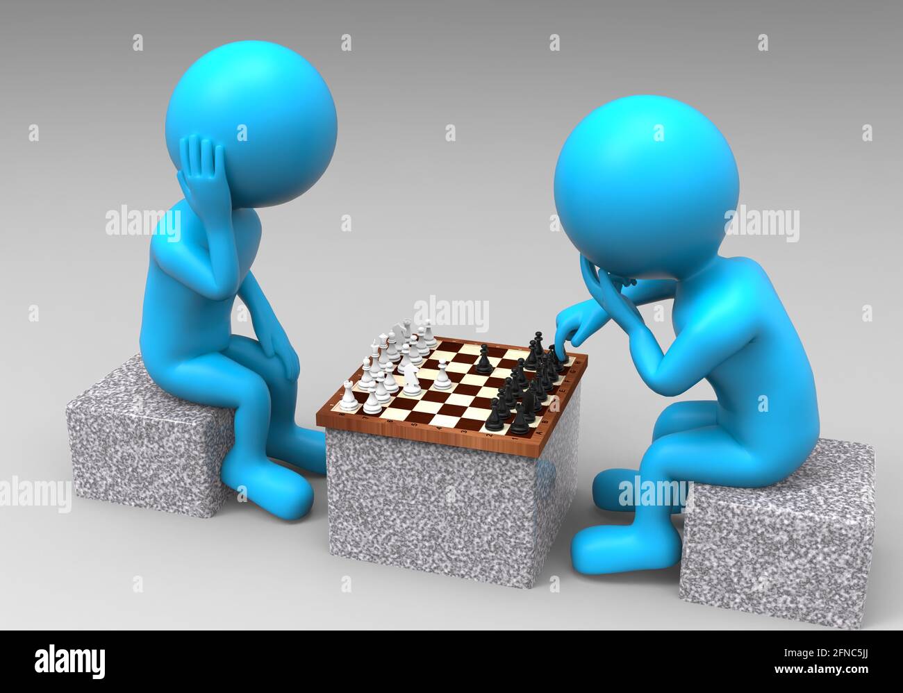 3d rendering of two balloonhead cuties playing chess somwhere outside Stock Photo