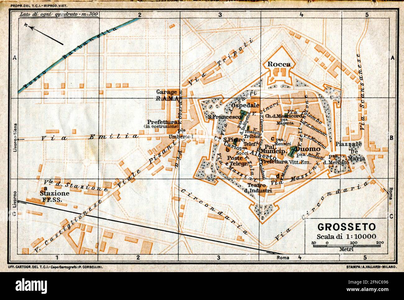 Ancient map of Grosseto, Italy (image from Guida Italia Centrale Touring Club Italiano, 1923 edition) Stock Photo