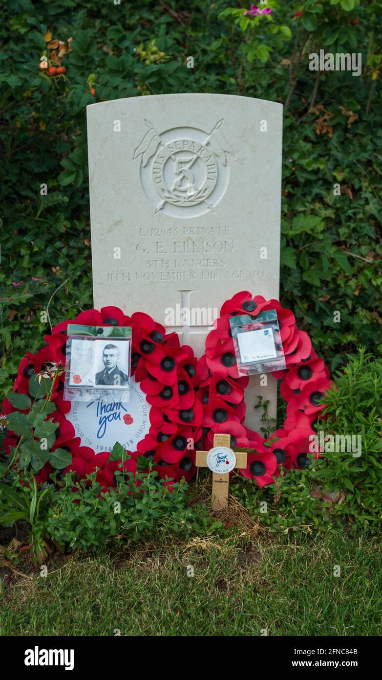 Photograph taken of the grave of George Edwin Ellison was the last British soldier to be killed in action during the First World War. Stock Photo