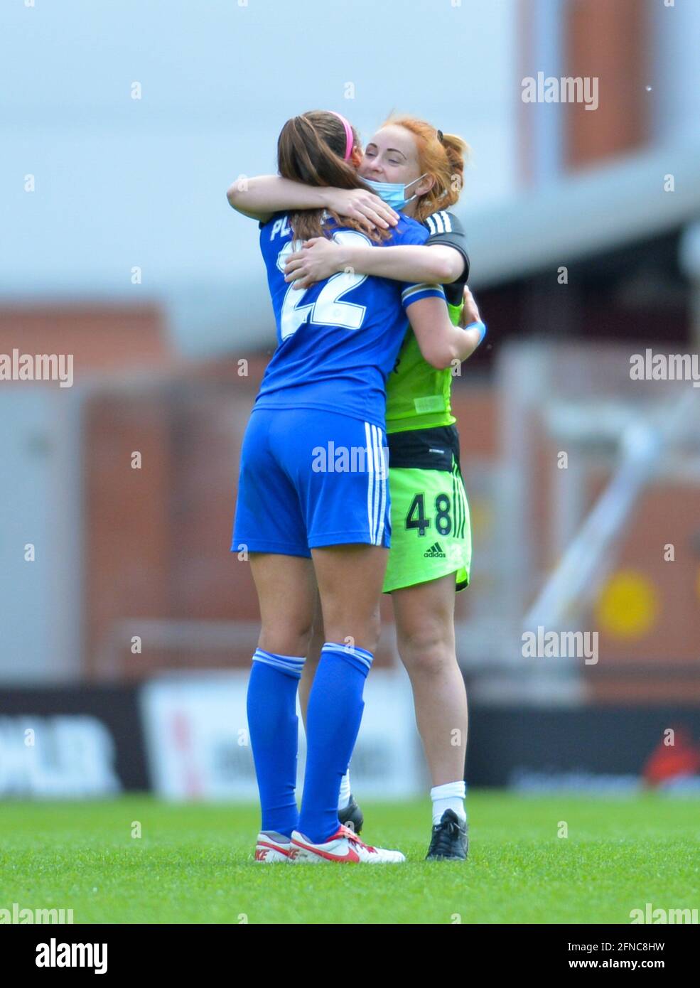 Leigh, UK. 16th May, 2021. Ashleigh Plumptre (22 Leicester City) and Sophie Harris (48 Leicester City) celebrates their sides win after the Womens FA Cup fifth round game between Manchester United and Leicester City at Leigh Sports Village in Leigh, England. Credit: SPP Sport Press Photo. /Alamy Live News Stock Photo