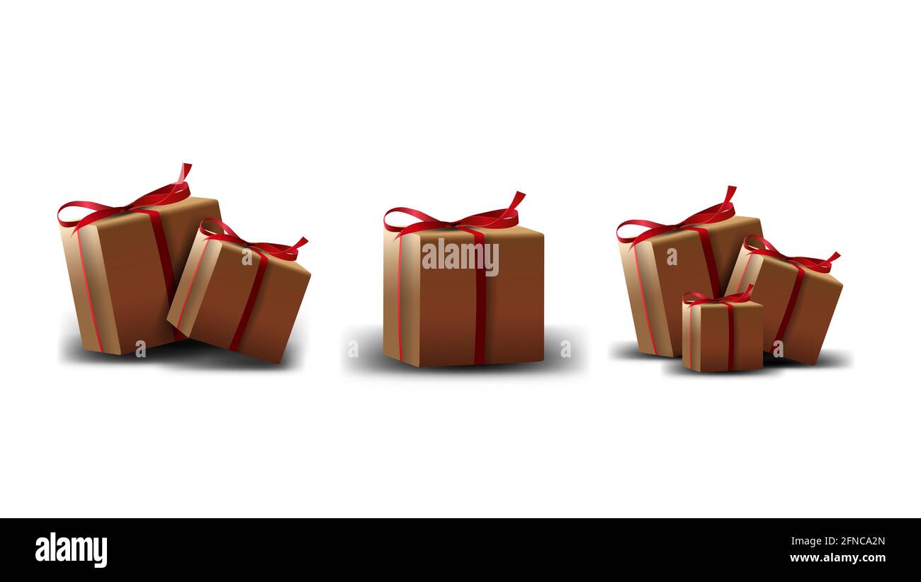 A collection of cardboard gift boxes with red ribbon isolated on a ...