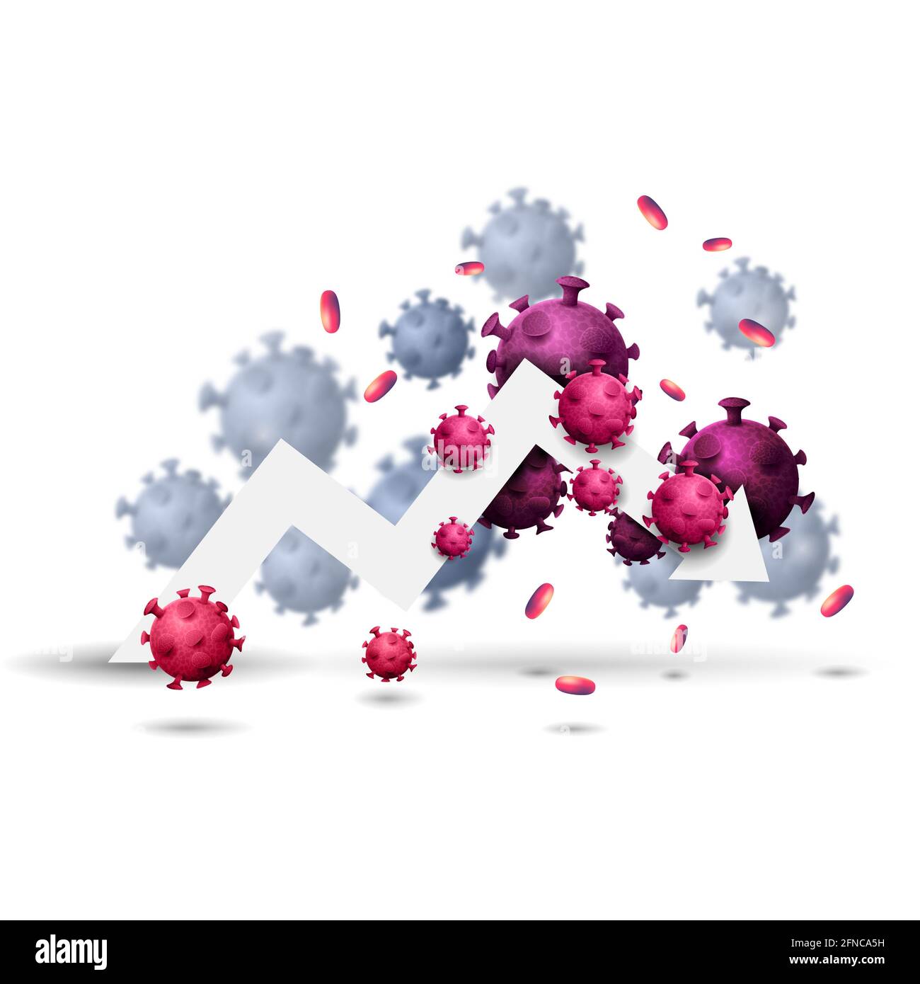 Large white arrow of the economic graph surrounded by coronavirus molecules isolated on a white background. Fall of the world economy, visualization Stock Photo