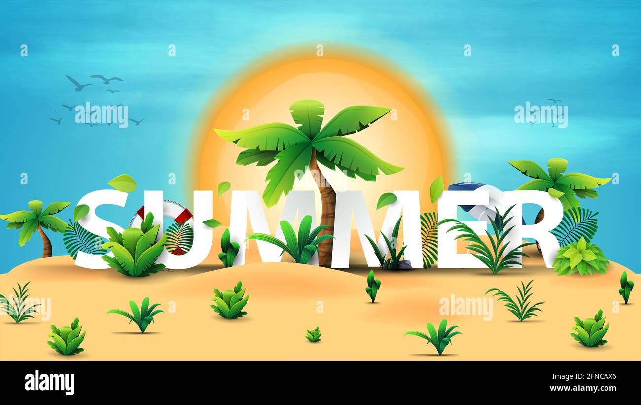 Summer 3d text banner design with white title and tropical elements in ...