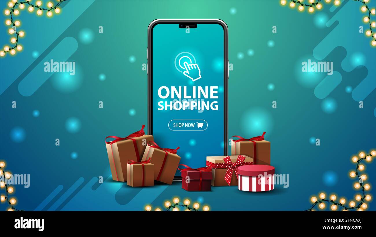 Online shopping banner with a large smartphone with presents boxes around on blue background Stock Photo