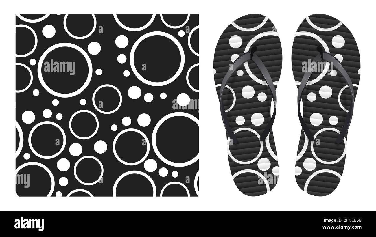 Summer abstract black and white seamless pattern with circles and rings. Pattern design for printing on flip-flops. Visualization of flip-flops design Stock Photo