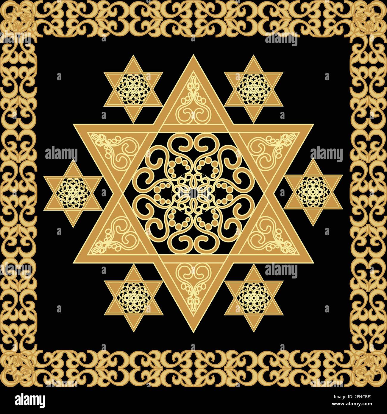 Star of David decoration tile with geometric vintage yew ornament in gold design, eps10 vector Stock Vector