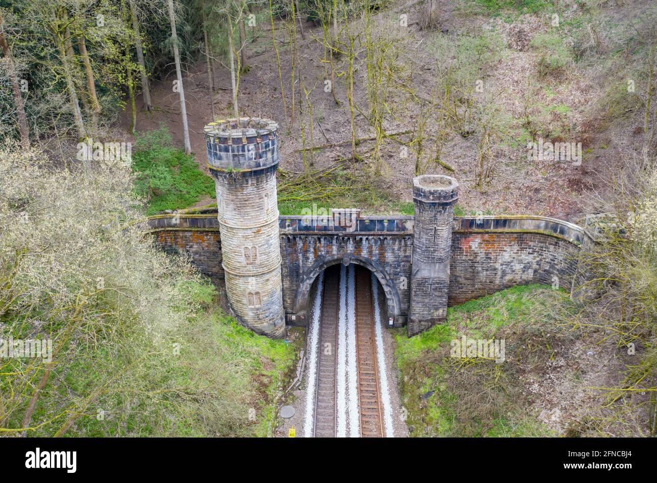 The famous Bramhope Tunnel North Portal, aerial footage Gothic castle