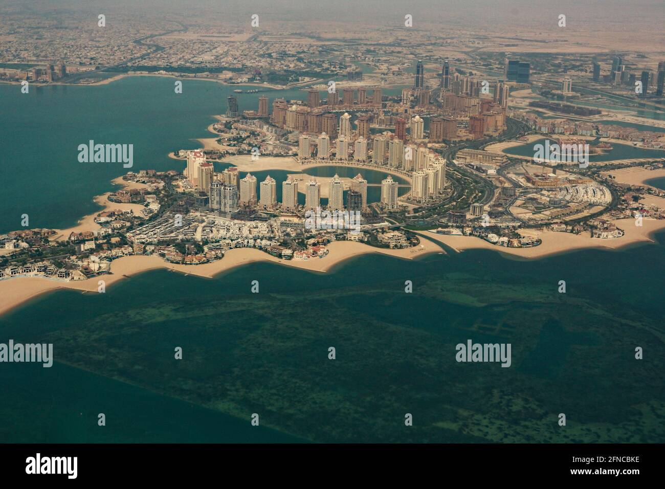 Doha – Qatar, May 12, 2021: Aerial view showing The Pearl-Qatar island, one of the largest real-estate developments in the Middle East Stock Photo