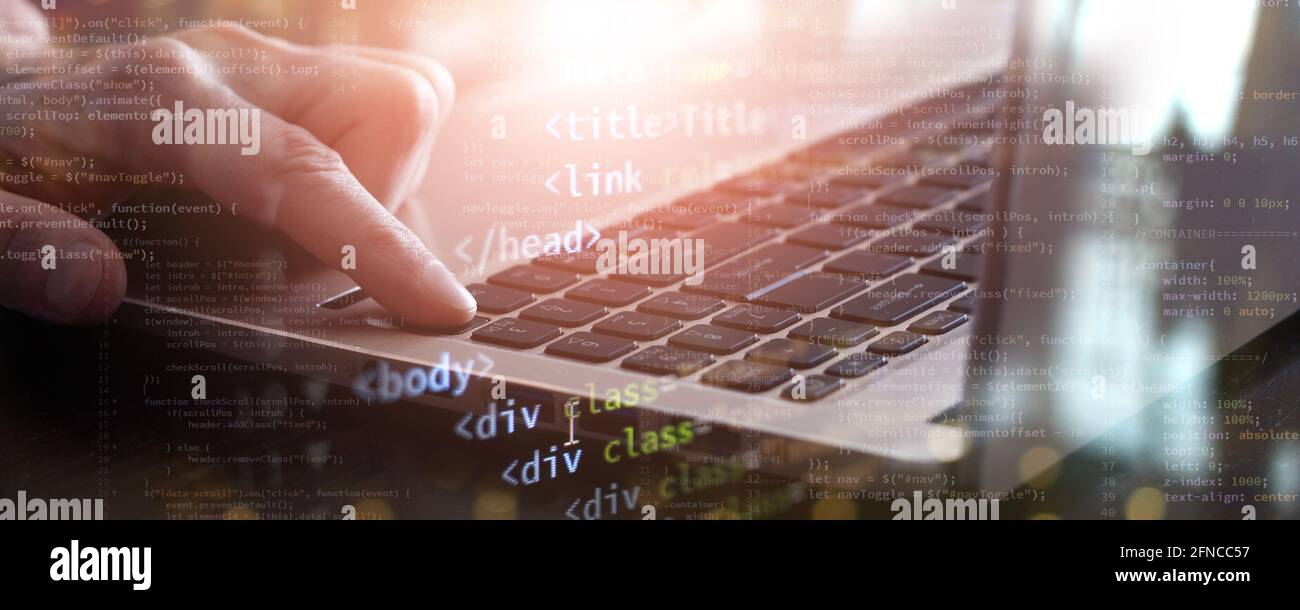 finger on laptop. internet technologies concept business front-end developing banner. mixed media Stock Photo