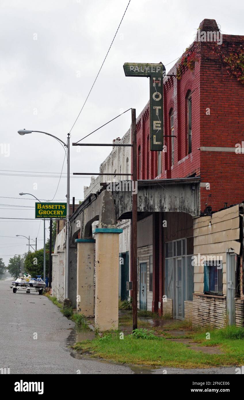 A commercial block in the Route 66 town of Afton, Oklahoma includes the former Palmer Hotel. A fire swept through several of these buildings in 2020. Stock Photo