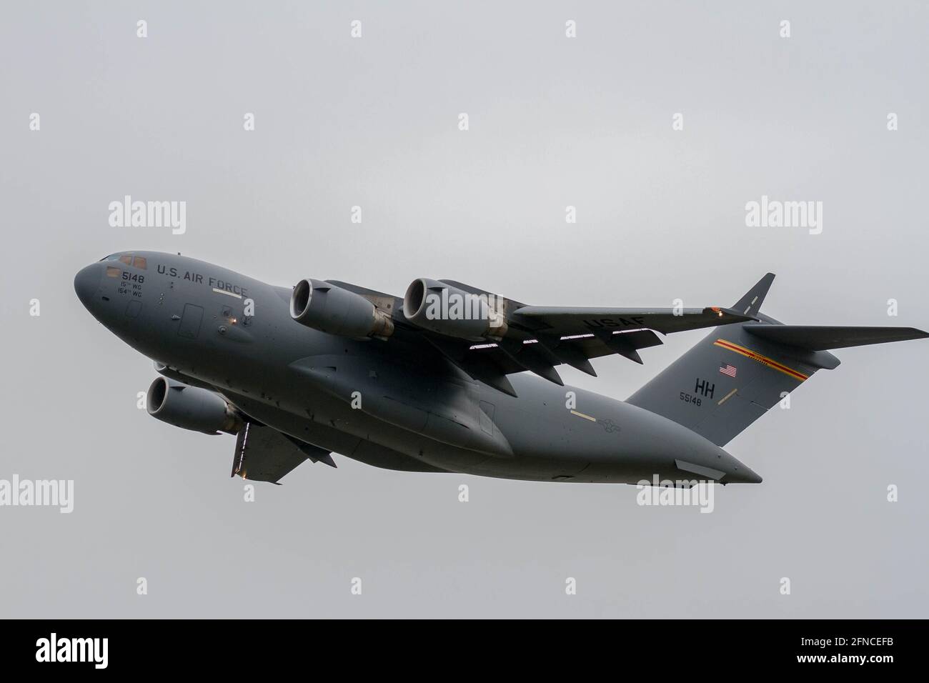 Boeing C17A Globemaster III with the 15th Wing of the US Airforce and 154th Wing of the Hawaii Air National Guard takes off from Naval Air Facility, Atsugi airbase in Kanagawa. (Photo by Damon Coulter / SOPA Images/Sipa USA) Stock Photo