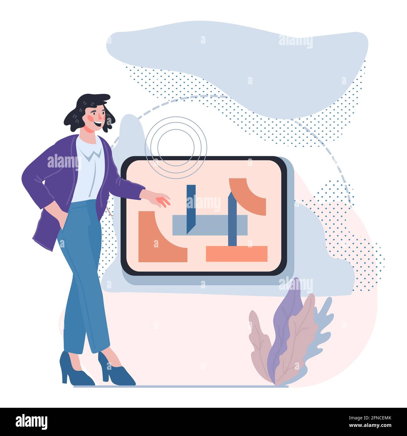 Business woman making presentation. Seminar, webinar and coaching, teaching and tutorial, flat vector. Stock Vector