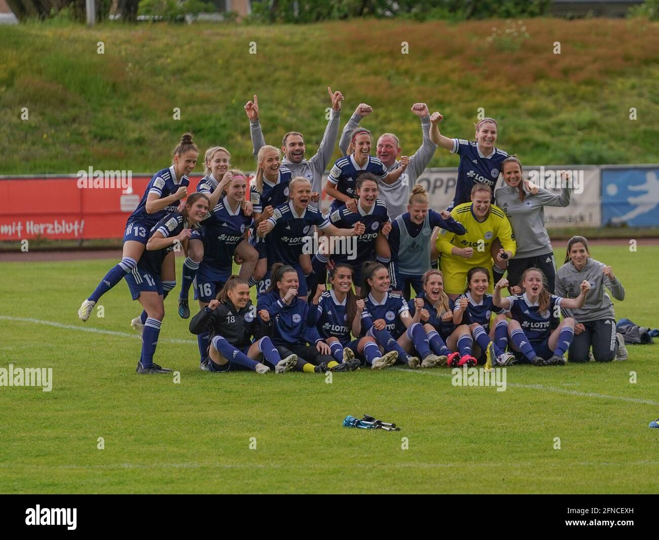 Andernach, Germany. 16th May, 2021. SG 99 Andernach celebrates the  premature relegation after the 2. Womens Bundesliga match between SG 99  Andernach and FC Wuerzburger Kickers at the Andernach Stadium in Andernach,