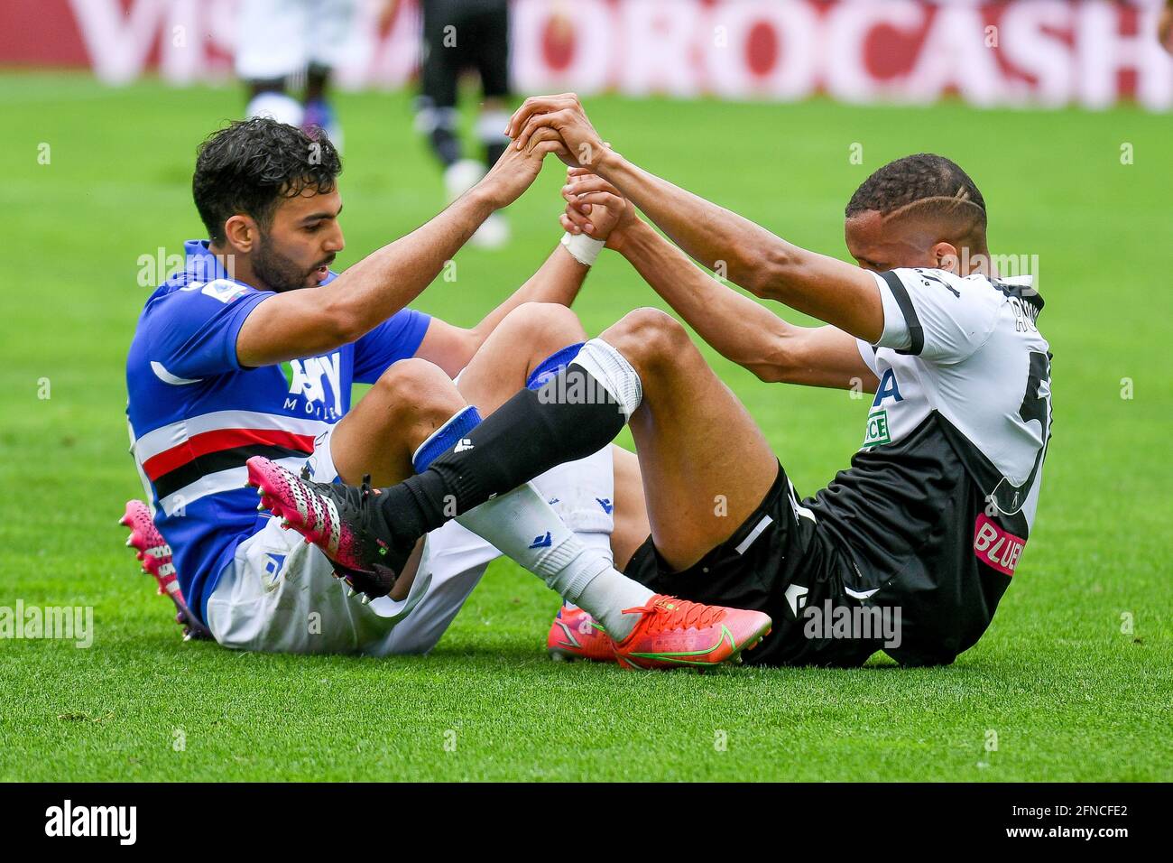 Udine, Italy. 16th May, 2021. Mehdi Leris (Sampdoria) and Rodrigo Becao (Udinese) help each other to stand up during Udinese Calcio vs UC Sampdoria, Italian football Serie A match in Udine, Italy, May 16 2021 Credit: Independent Photo Agency/Alamy Live News Stock Photo