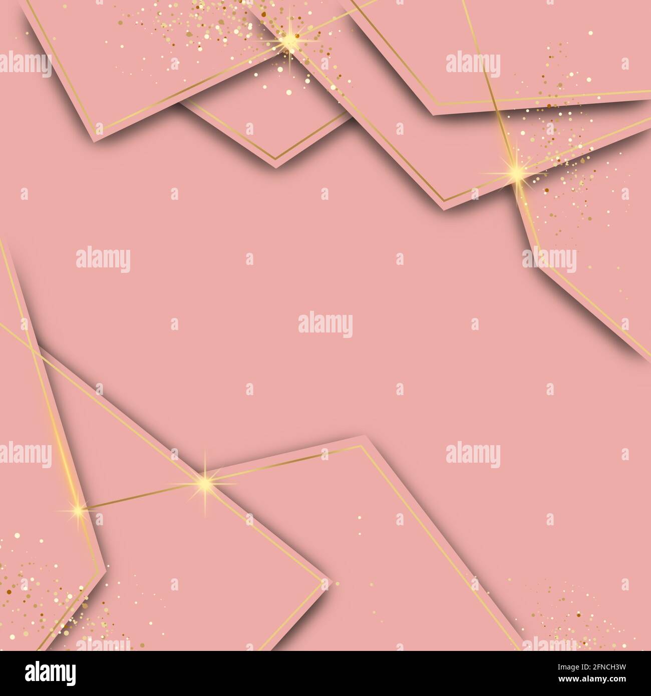 Abstract pink stylish beauty background with gold glitter shimmer and geometric shapes and copy space. Illustration. Stock Photo