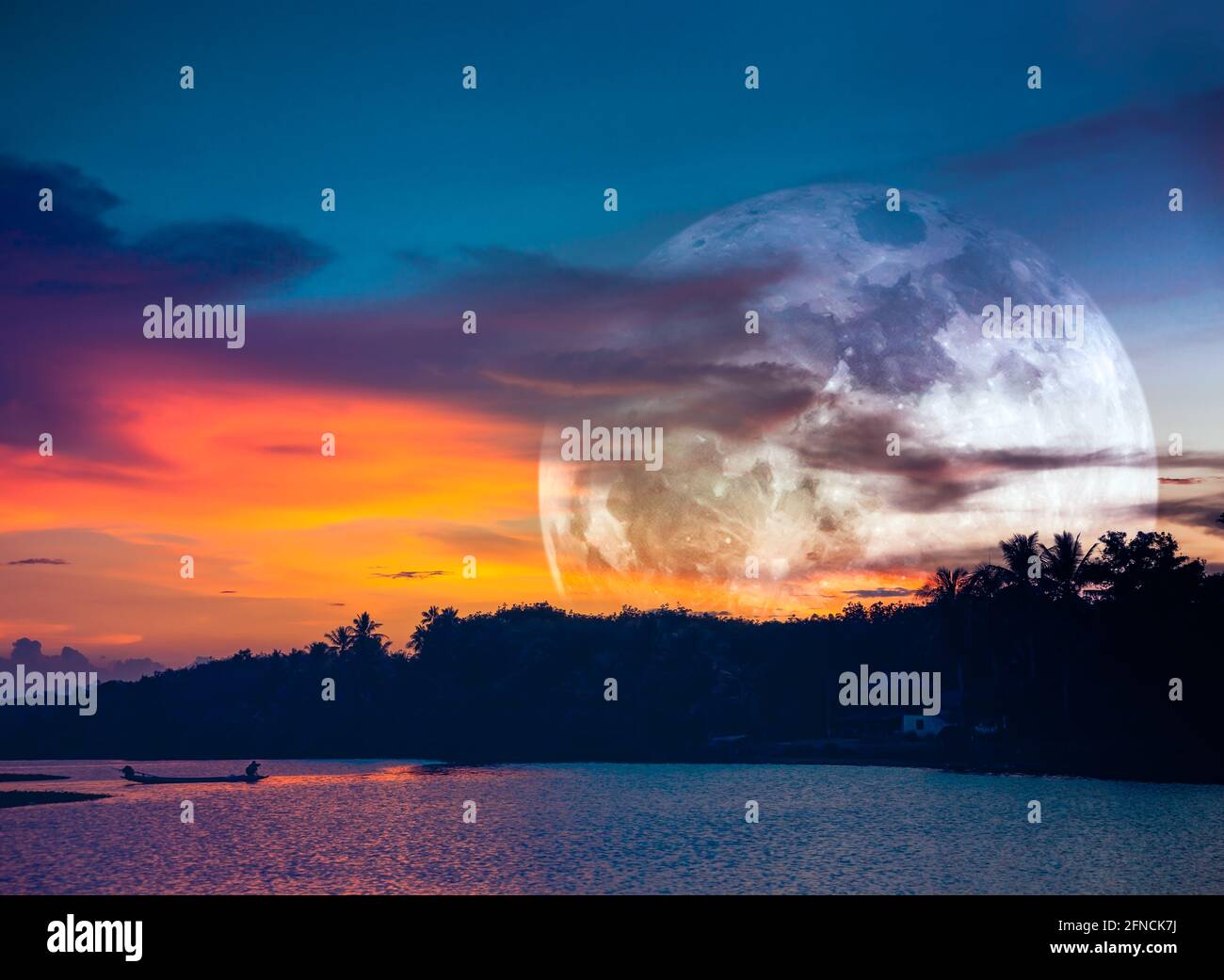 Beautiful landscape at night. Attractive super moon on colorful sky ...