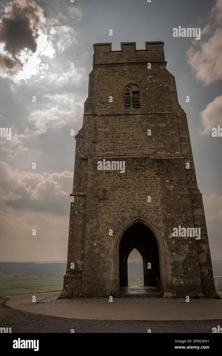The tower of St Michael's Church on Glastonbury Tor on the Somerset Levels, England, UK Stock Photo