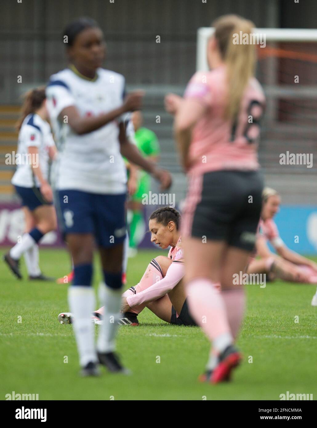 London, UK. May 2nd : Sheffield squad looks on during the 2020-21 FA Women’s Cup fixture between Tottenham Hotspur and Sheffield United at The Hive. Stock Photo