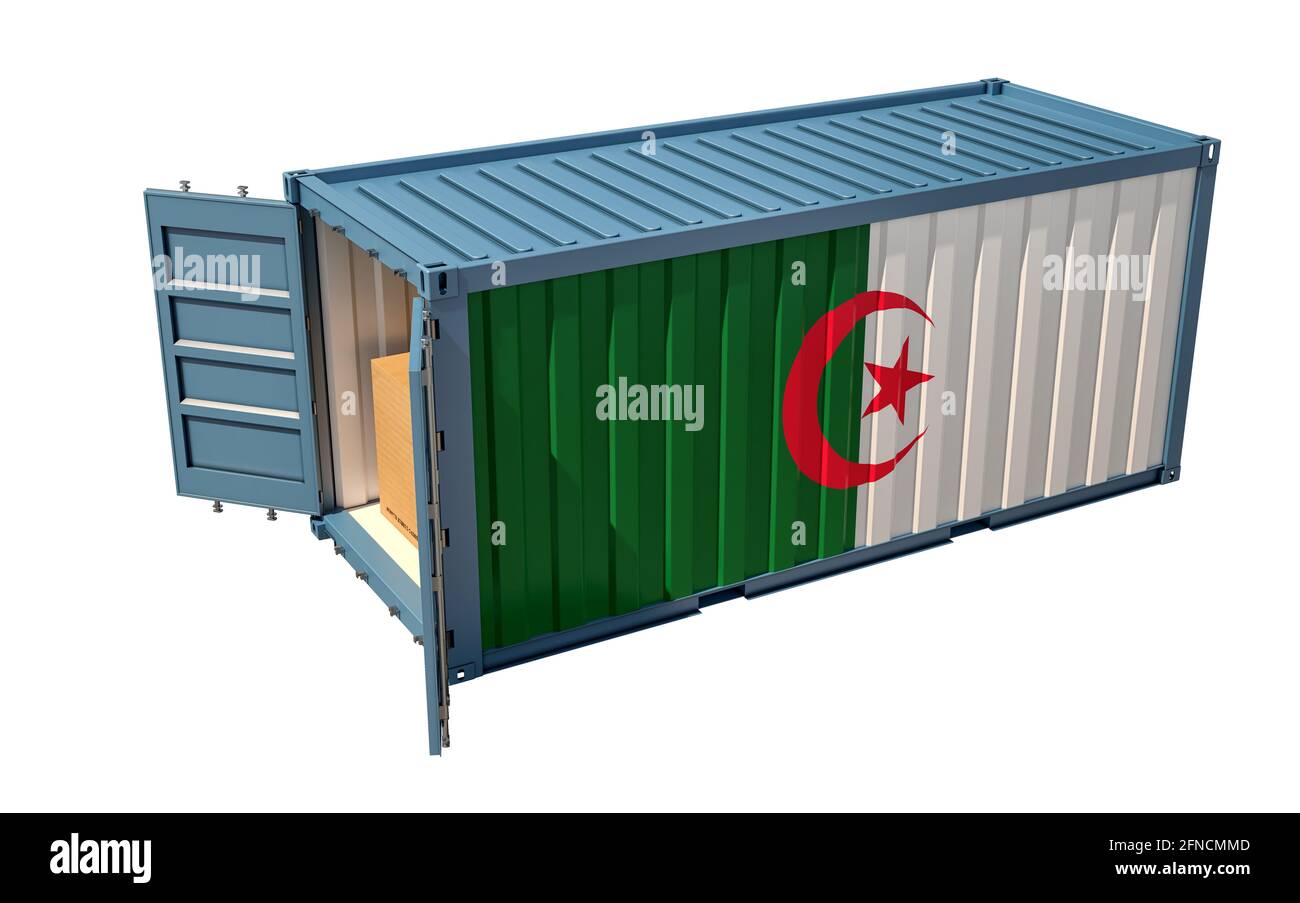 Shipping Container with Algeria flag. Isolated on white. 3D Rendering Stock Photo