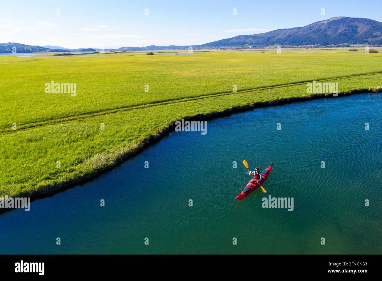 Top aerial view of tributary that flows into Cerknica Lake and a woman in red kayak kayaking on it, taken by drone, Slovenia Stock Photo