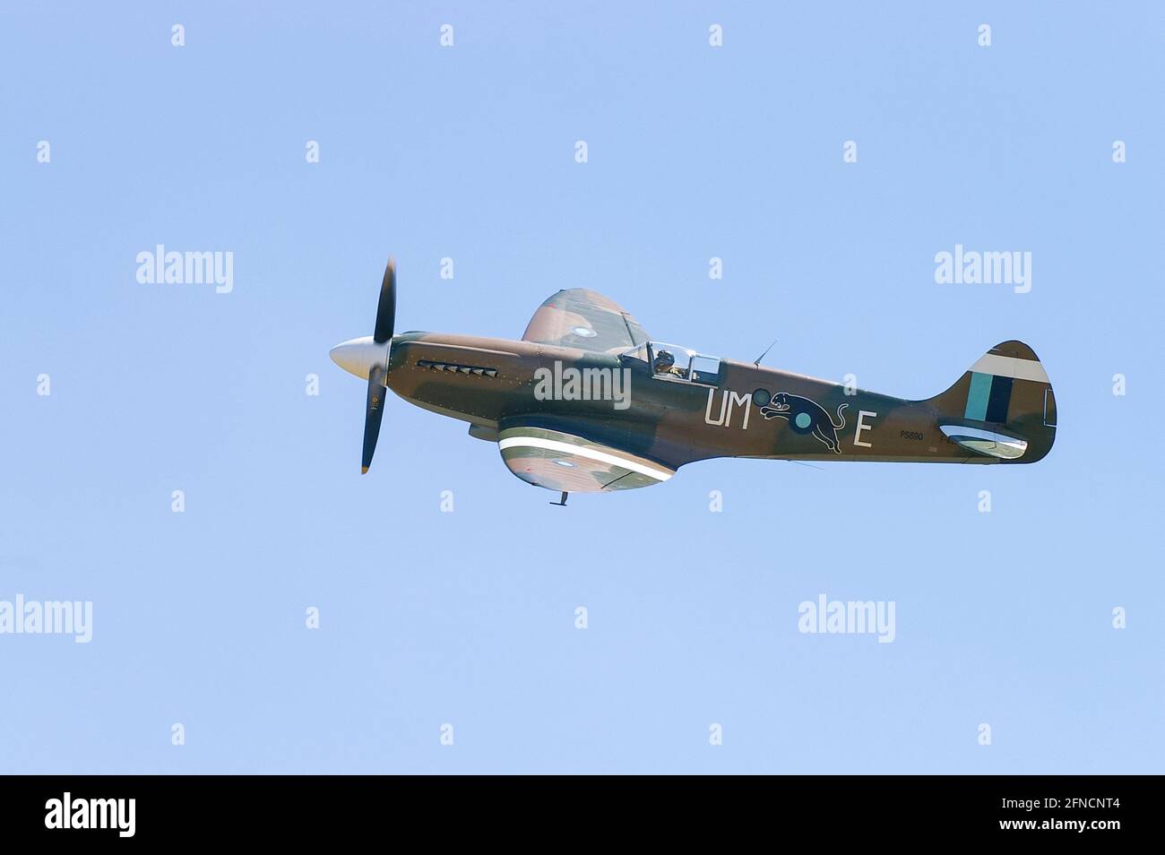 Second World War Vickers Supermarine Spitfire Mk.XIX fighter plane PS890 flying at Duxford, UK, in blue sky Stock Photo