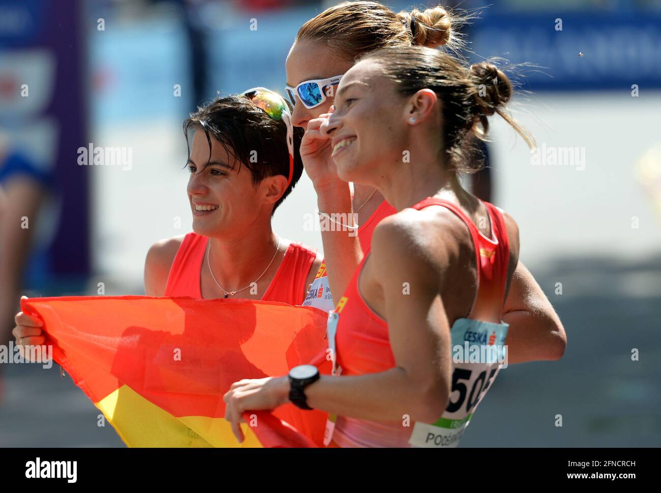 Podebrady, Czech Republic. 16th May, 2021. Team of Spain Laura GARCIA-CARO (505), Raquel GONZALEZ and MarÃ-a PÃ‰REZ (507) celebrates in finish the women's 20km walk of the International match and EA Race Walking Permit Meeting at Podebrady in the Czech Republic Credit: Slavek Ruta/ZUMA Wire/Alamy Live News Stock Photo