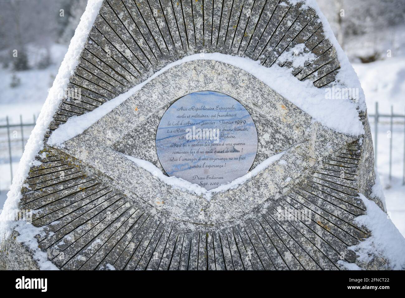 Col d'Ares pass, snowy in winter, in the border between Spain and France (Catalonia, Spain - Occitanie, France Pyrenees) ESP: Coll d'Ares nevado Stock Photo