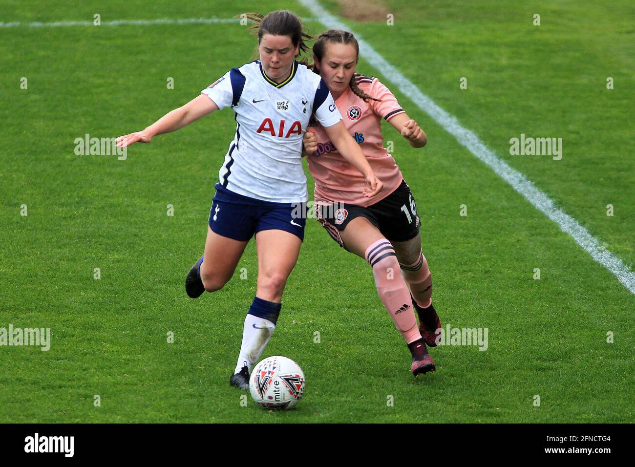 London, UK. 16th May, 2021. Lucy Watson of Sheffield United Women (R) holds off Esther Morgan of Tottenham Hotspur Women (L). Women's FA cup match, Tottenham Hotspur Women v Sheffield Utd women at the Hive Stadium in London on Sunday 16th May 2021. this image may only be used for Editorial purposes. Editorial use only, license required for commercial use. No use in betting, games or a single club/league/player publications.pic by Steffan Bowen/Andrew Orchard sports photography/Alamy Live News Credit: Andrew Orchard sports photography/Alamy Live News Stock Photo