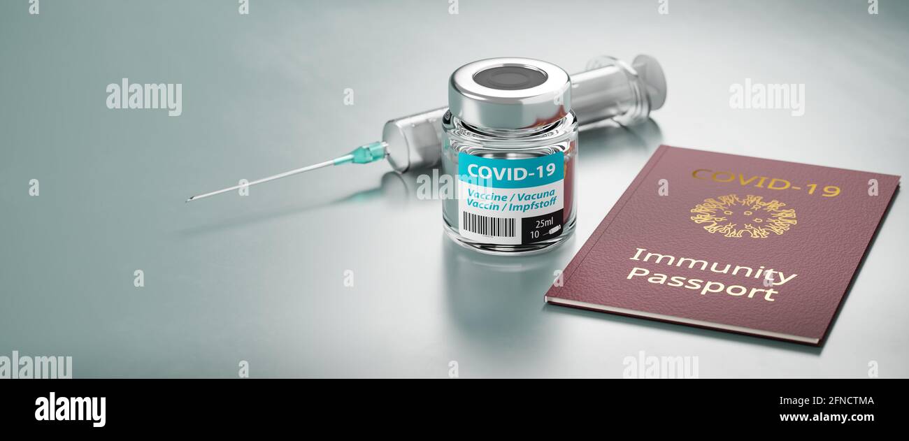 Immunity Passport concept: A vial of Covid-19 vaccine, a syringe and an immunity passport mockup on a light green / turquoise colored surface. Web ban Stock Photo