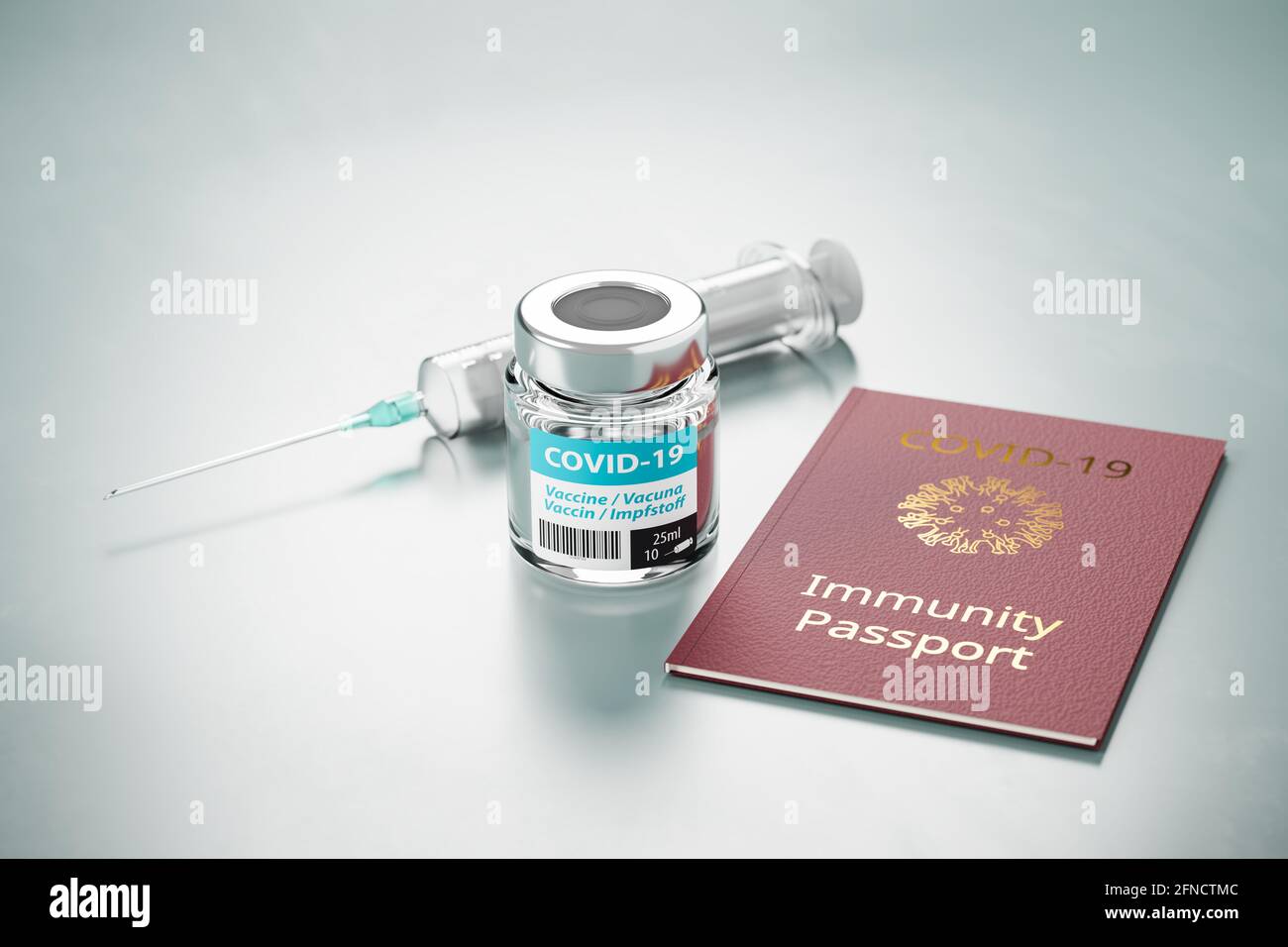 Immunity Passport concept: A vial of Covid-19 vaccine, a syringe and an immunity passport mockup on a light green / turquoise colored surface. Stock Photo