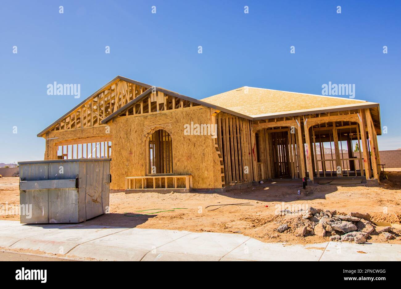New Home Under Construction During Framing & Sheathing Stage Stock Photo